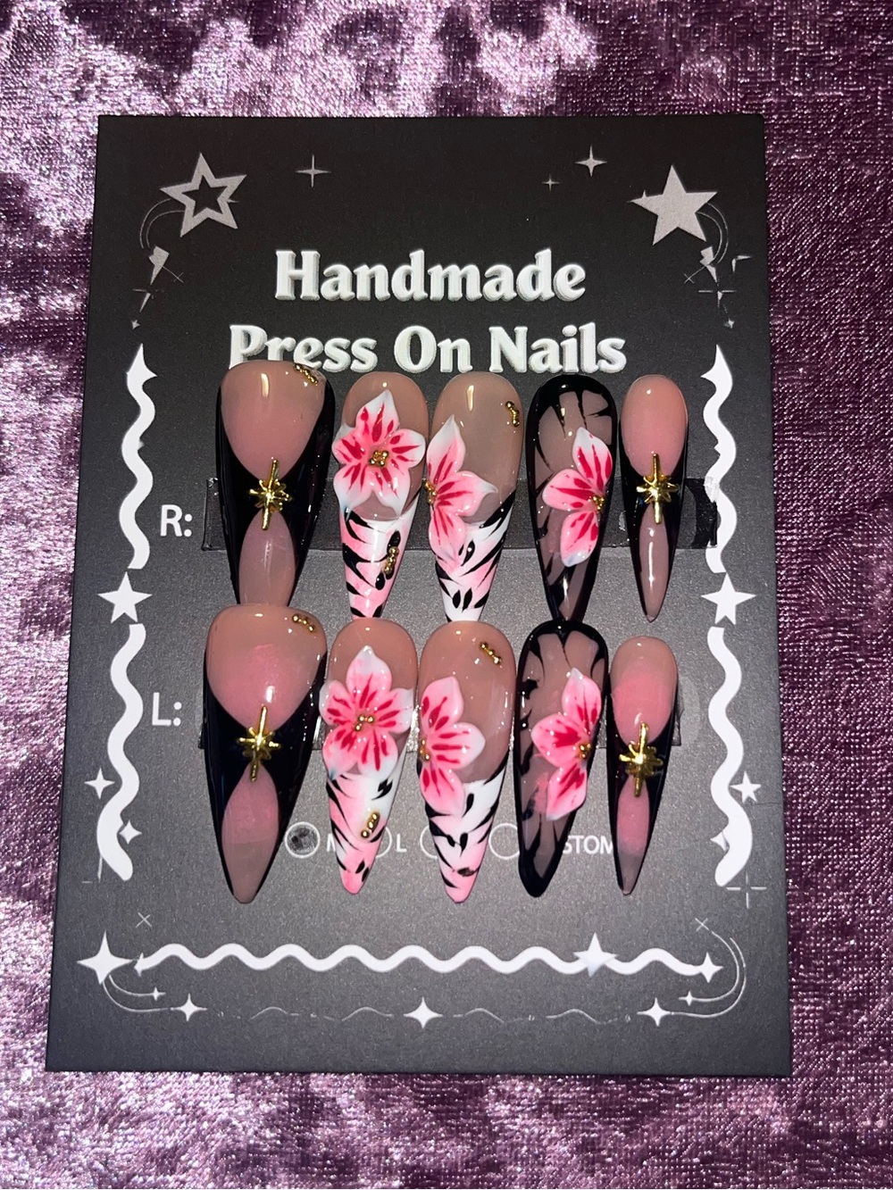 Handmade Pink Floral Press-On Nail Set - Neutral & Black Accents - Picture 2 of 2